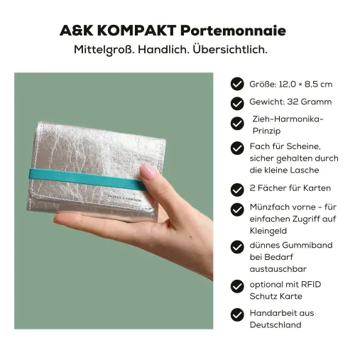 A&K KOMPAKT Mittelgroßes Portemonnaie in Silber/Mint mit den Besonderheiten der Geldbörse.